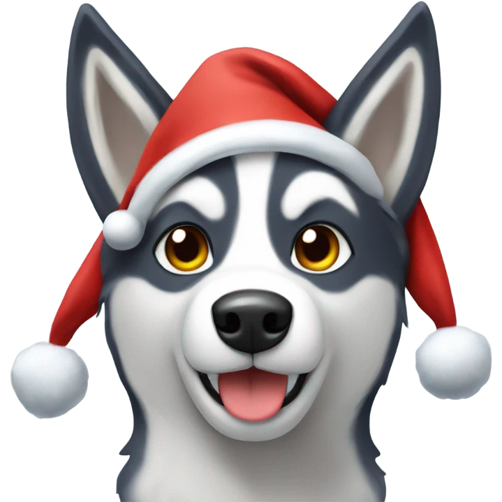 Husky with rain deer horns wearing a santa hat emoji