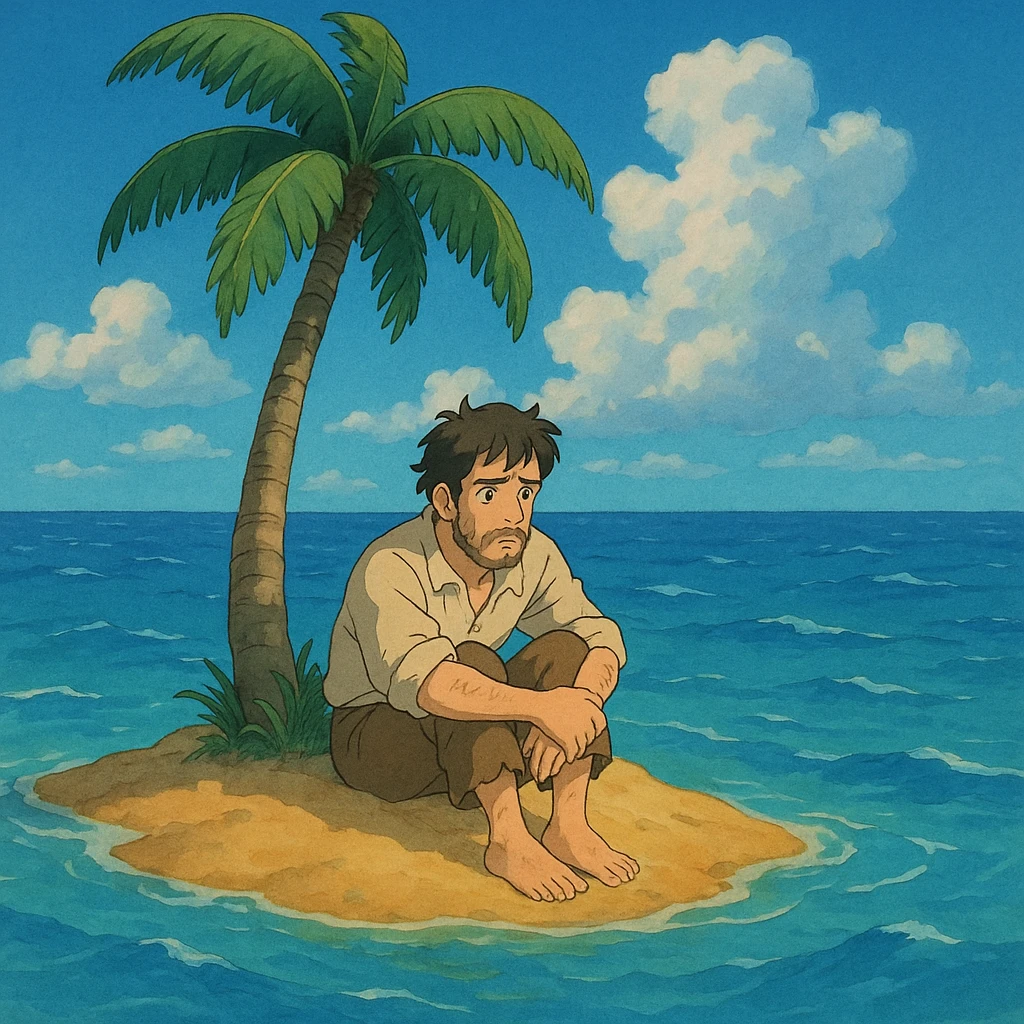 stranded man on a small island with a palm tree in ghibli style emoji
