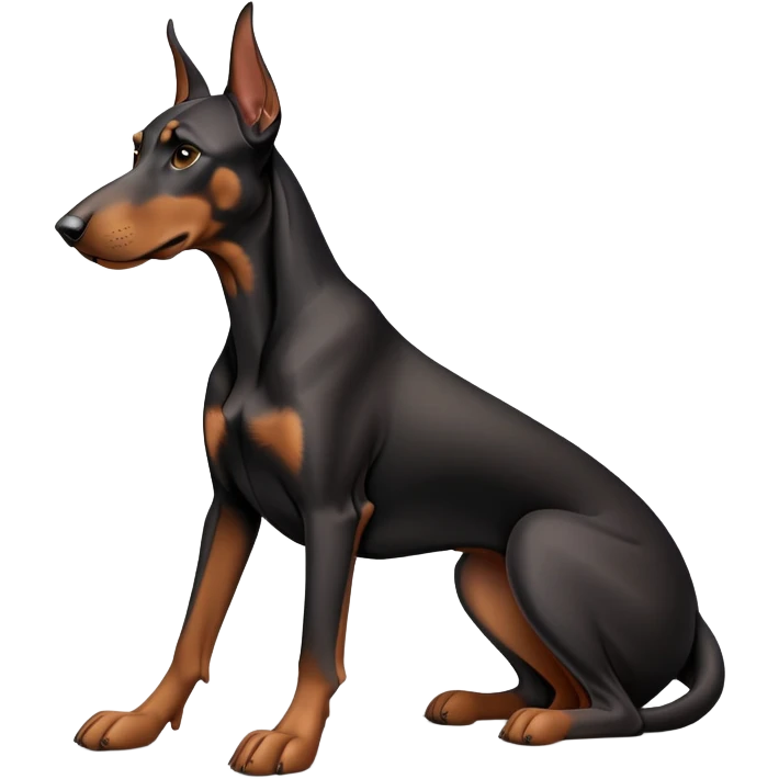 cinematic-[doberman]-realistic-full-body-sitting-emoji,-tail-resting-loosely-beside-its-paws,-head-tilted-dramatically, -sleek-[black and tan]-fur,-simplified-yet-realistic-focused-features,-highly-detailed,-glowing-with-an-almost-sarcastic-glow emoji