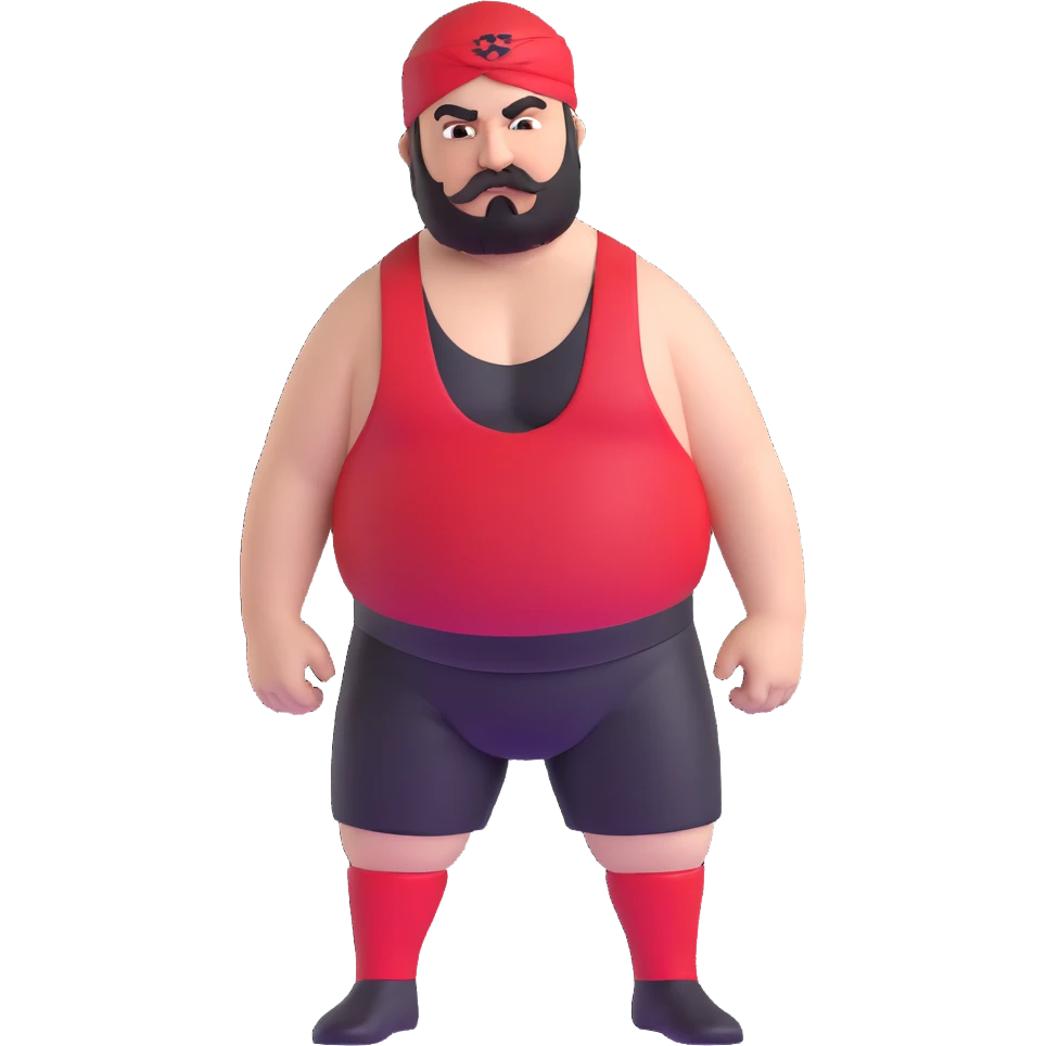 Close-up of very fat white skin guy with young face, beard and mustache, no muscle with prominent black durag, black eyes in a red and black wrestling singlet with angry face emoji