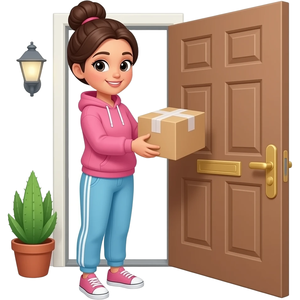 beautiful woman in a sweatshirt, sweat pants and a bun picking up her package outside her door emoji