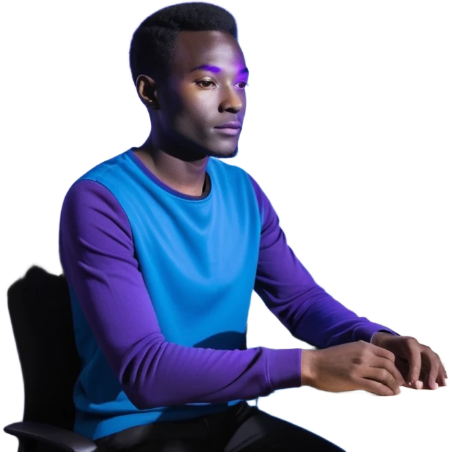 Développeur homme noir, dans un espace de coworking moderne, lumière néon bleue et violette, reflet sur son visage concentré, code affiché sur plusieurs écrans, légère profondeur de champ, ambiance professionnelle, style cinématique 4K, détails précis, peau naturelle, contraste fort. emoji