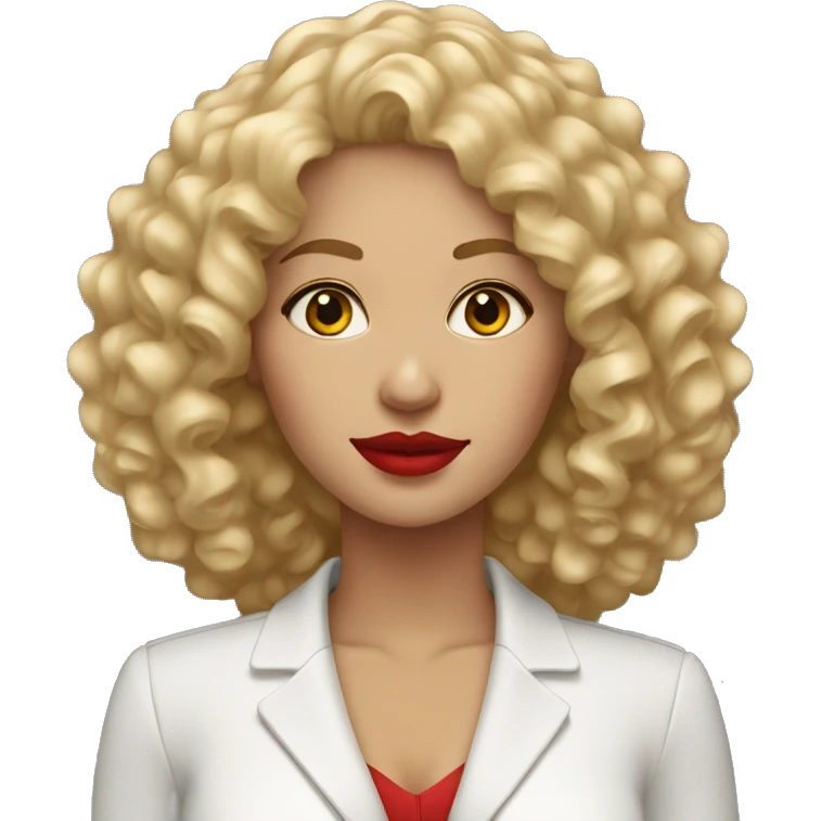 Professional woman with curly blond hair and red lipstick emoji