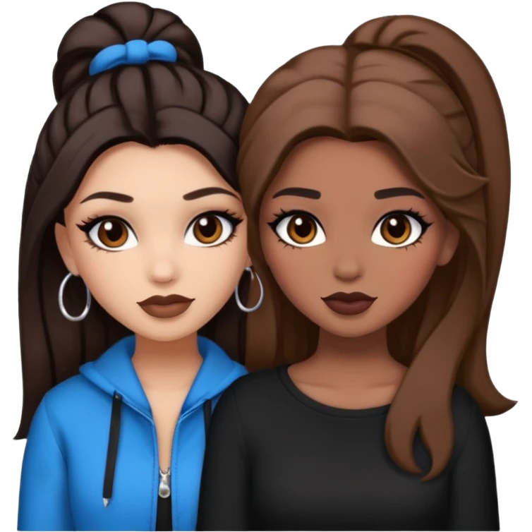 Boujy baddie best friends, trendy heavy makeup both dark hair one light skinned and one mocha brown pretty hair style  emoji