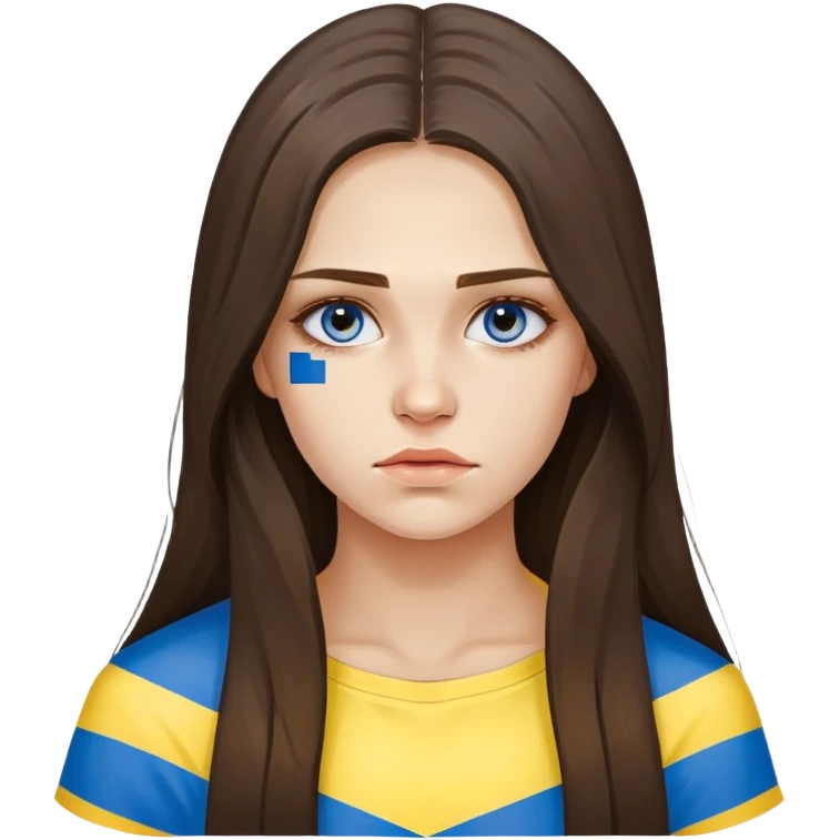 Brunette woman with long hair, Ukrainian flag (blue and yellow) painted on her cheek, sad expression emoji