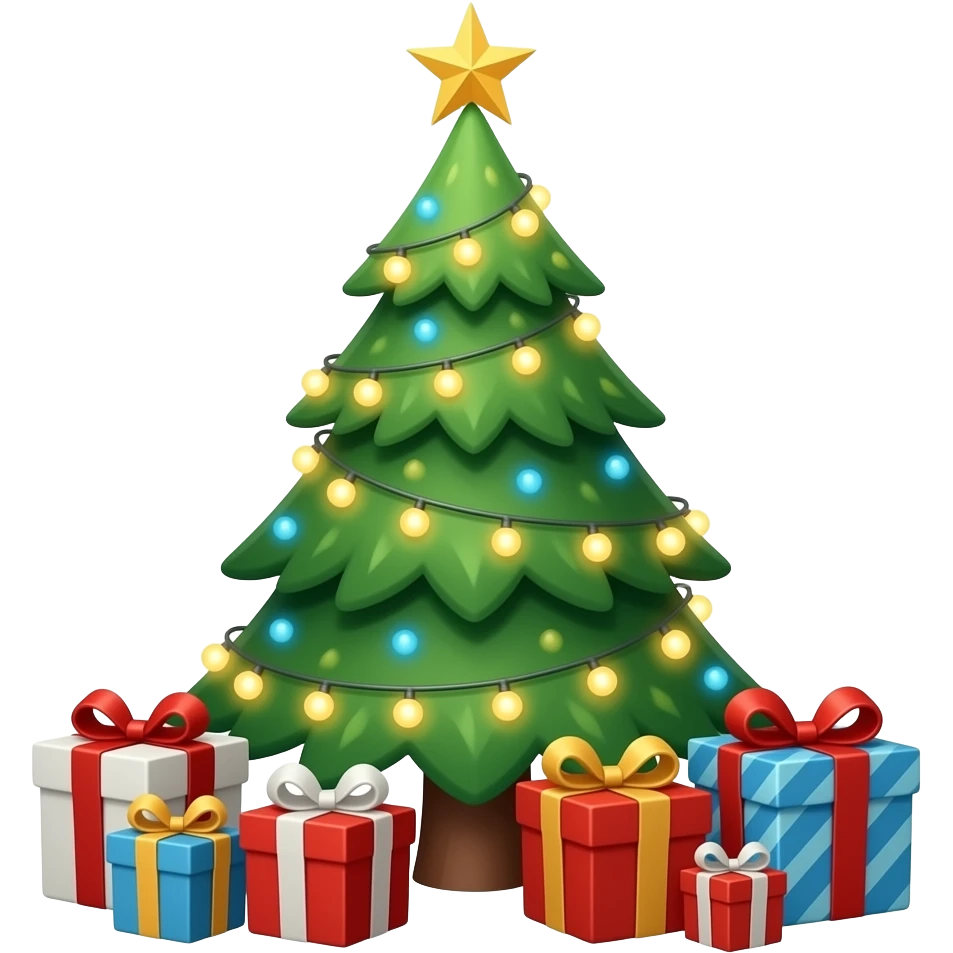 Christmas tree with glowing lights and gifts around emoji