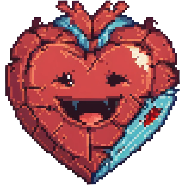 a broken object or heart, with a big laughing smile, pixel art style emoji