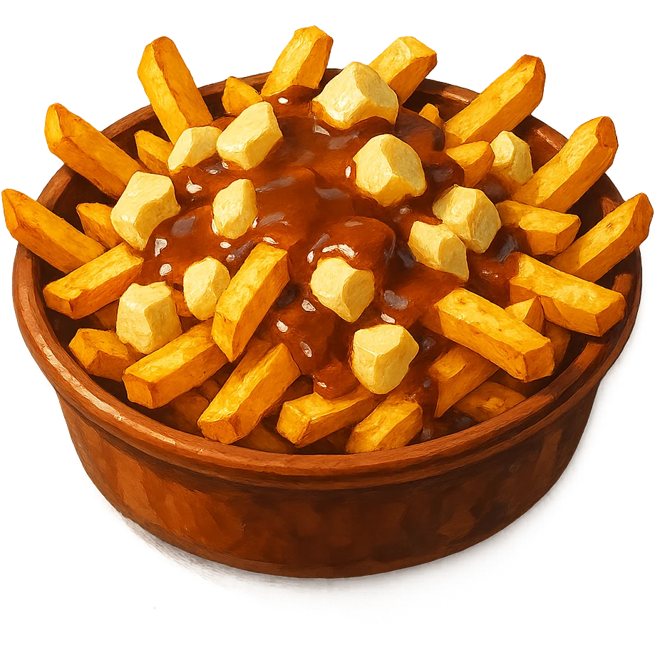 В слега рисованном, но при этом ярком и объемном стиле сгенерируй картинку сочного американского канадского блюда путин, профессионально выставленный свет, который подчеркивает объем, прозрачный фон emoji