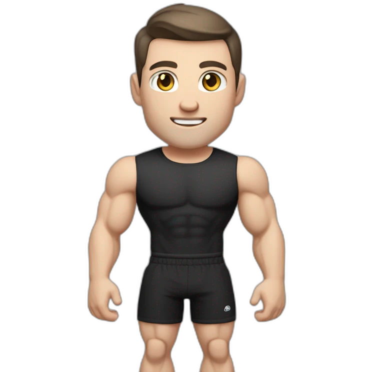 Pale skinned Fit Man With the biceps and dark brown hair in black shirt, gray sports shorts and white Sneakers emoji