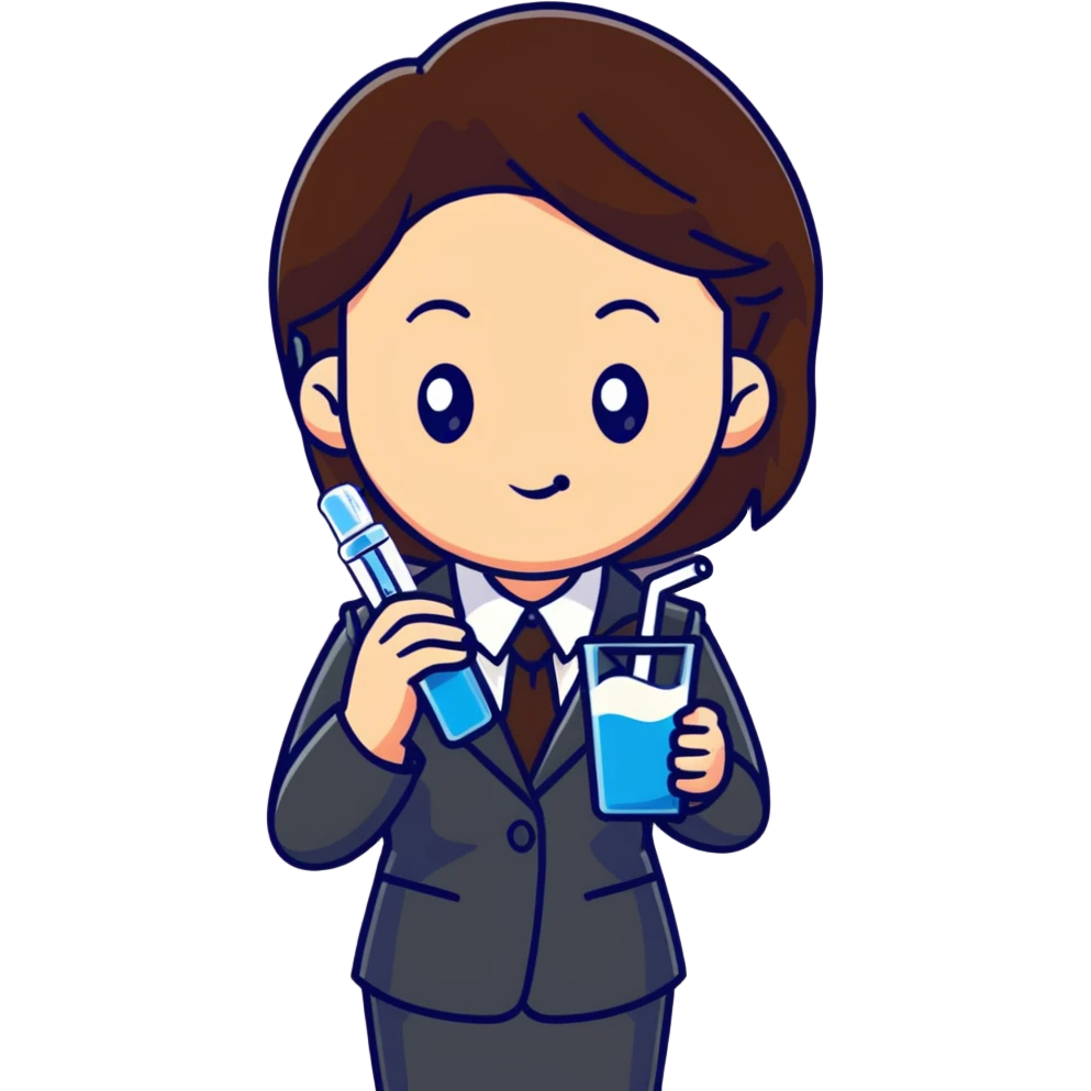 Mom with brown hair in business suit drinking milk and holding a vaccine syringe emoji