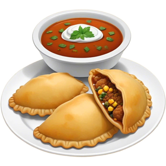 Cinematic Realistic Colombian Cornmeal Empanadas Emoji, showcasing the golden, crispy shell filled with savory meats and spices, served with a side of aji dipping sauce, rendered with vibrant textures and warm, inviting lighting. emoji