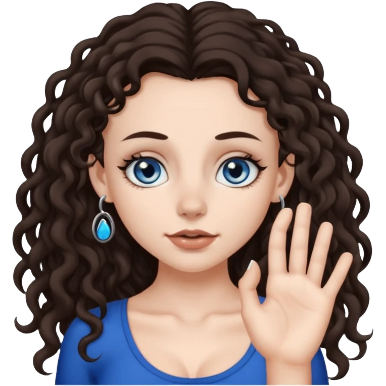 white girl, dark brown long slightly curly hair , skinni but with big breast , septum piercing on nose, beautiful dark gray-blue eyes, showing her toes , emoji