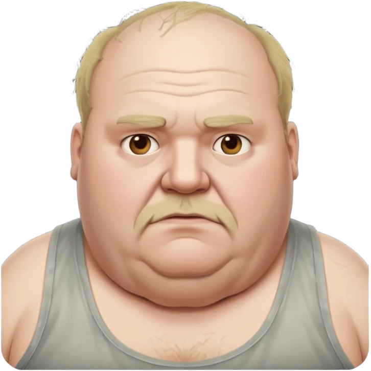 extremely morbidly obese middle aged white man in wifebeater with  dirty appearance. His hair is balding and grey and greasy emoji