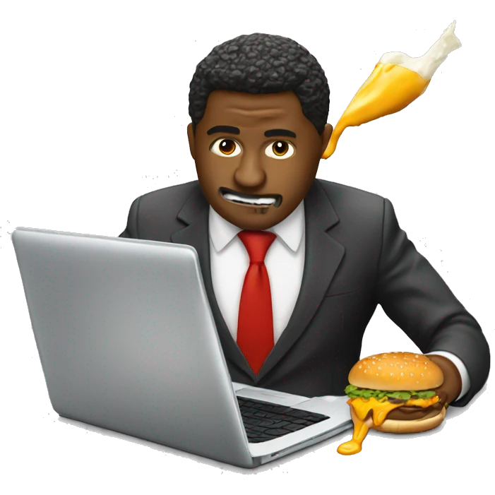 A business man in a suit eating a messy cheeseburger that is dripping sauce onto his laptop emoji