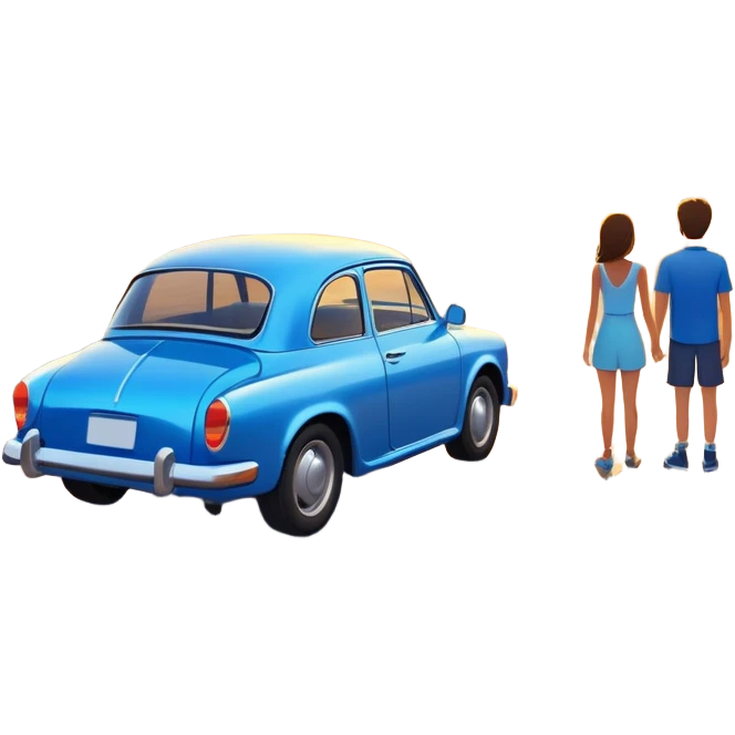 A parked blue car sits quietly on the side of an open road, facing a breathtaking sunset. Two people stand outside, backs turned, watching the horizon. The road stretches endlessly ahead, surrounded by a peaceful, glowing landscape full of light, warmth, and possibilit emoji
