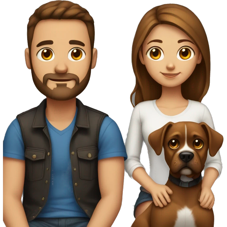 a girl with brown hair, a man with short buzz brown hair with a beard, sitting, with two brown boxer dogs emoji
