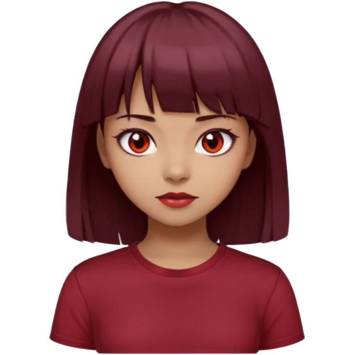 beautiful girl with dark maroon medium hair, straight bangs and red bando, red eyes and brown tshirt  emoji
