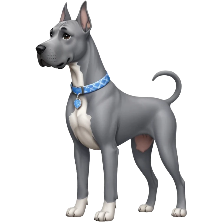 Gray Great Dane with thin white and blue toile collar on  emoji