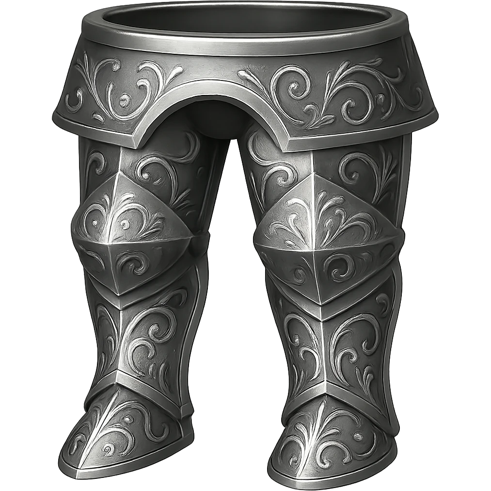 Engrave these steel platelegs with elegant silver engravings, keeping them crisp, shiny, and slightly fancier than iron. Realistic metallic steel style, emoji style, transparent background. emoji