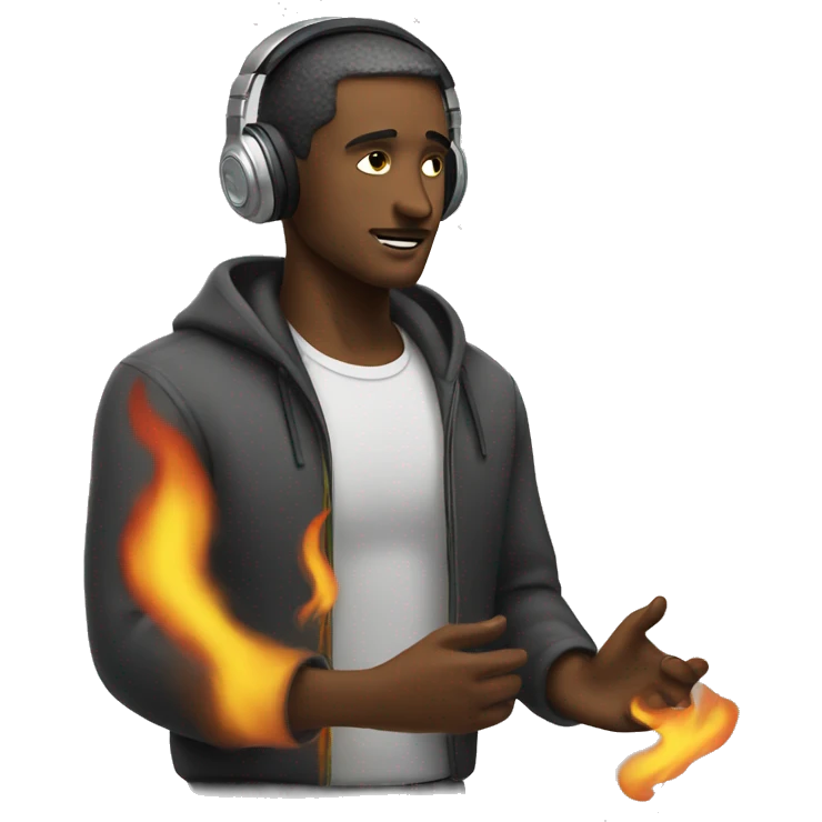 A man listening to headphones on fire emoji