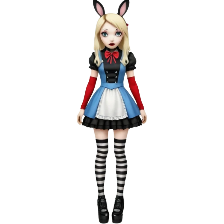 3d rendering, ultra detailed, Alice in wonderland modern style in a punk gothic style outfit, stripped knee high socks, gothic platform heels, long blonde hair, eyeliner, red lipstick, falling through rabbit hole,  still life image, transparent background
 emoji
