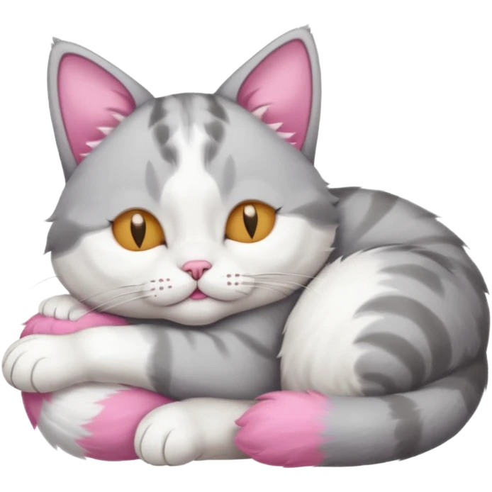 grey and white small cat with its eyes closed lying down with his paw curled under his head holding it up emoji