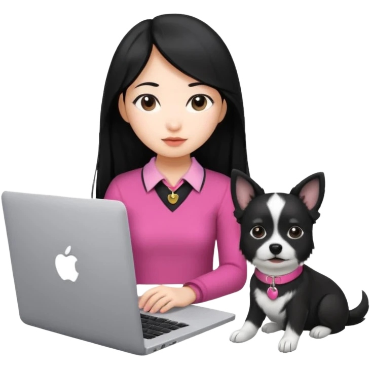 Asian girl with long black hair working on an Apple laptop, next to her is a small black and white dog with pink collar on  emoji