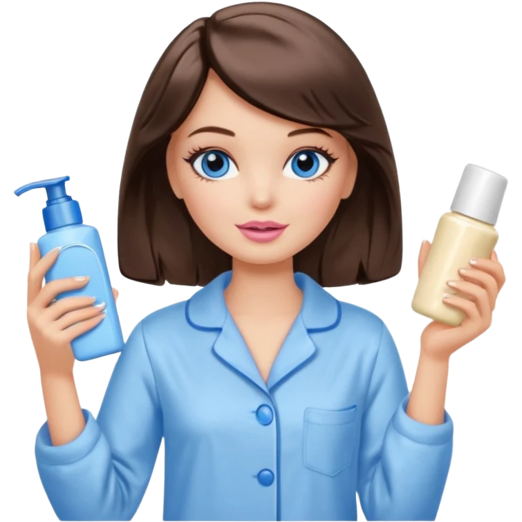 Barbie girl with makeup, blue eyes , and bob long haircut wavy, short brown hair in creamy color pajamas, face cream in hand emoji
