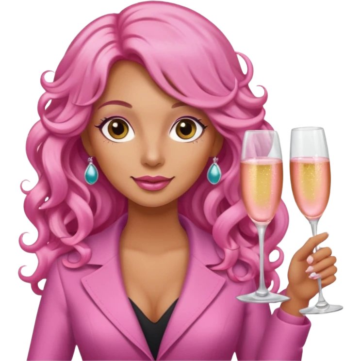 One lady with long pink curled hair and tan skin holding two pink champagne glasses emoji