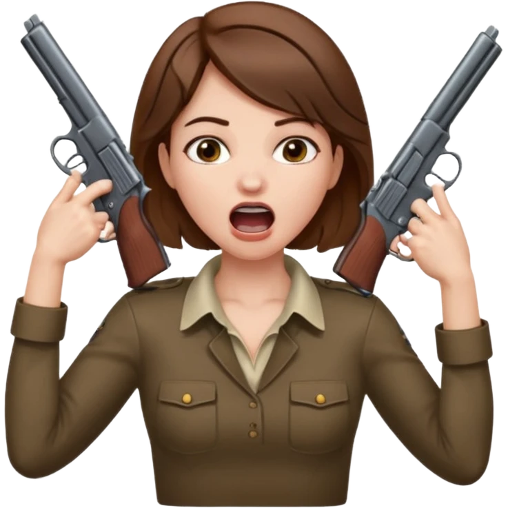 the woman emoji with brown hair and white skin choking herself  with both hands around her neck with her mouth open and two arms from behind her holding a gun in each hand point directly at her head emoji