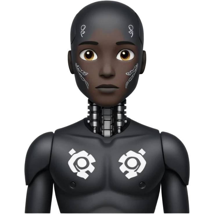 black Tatooed robot, big many tatooes on chest, neck and face, white tatoo on face emoji