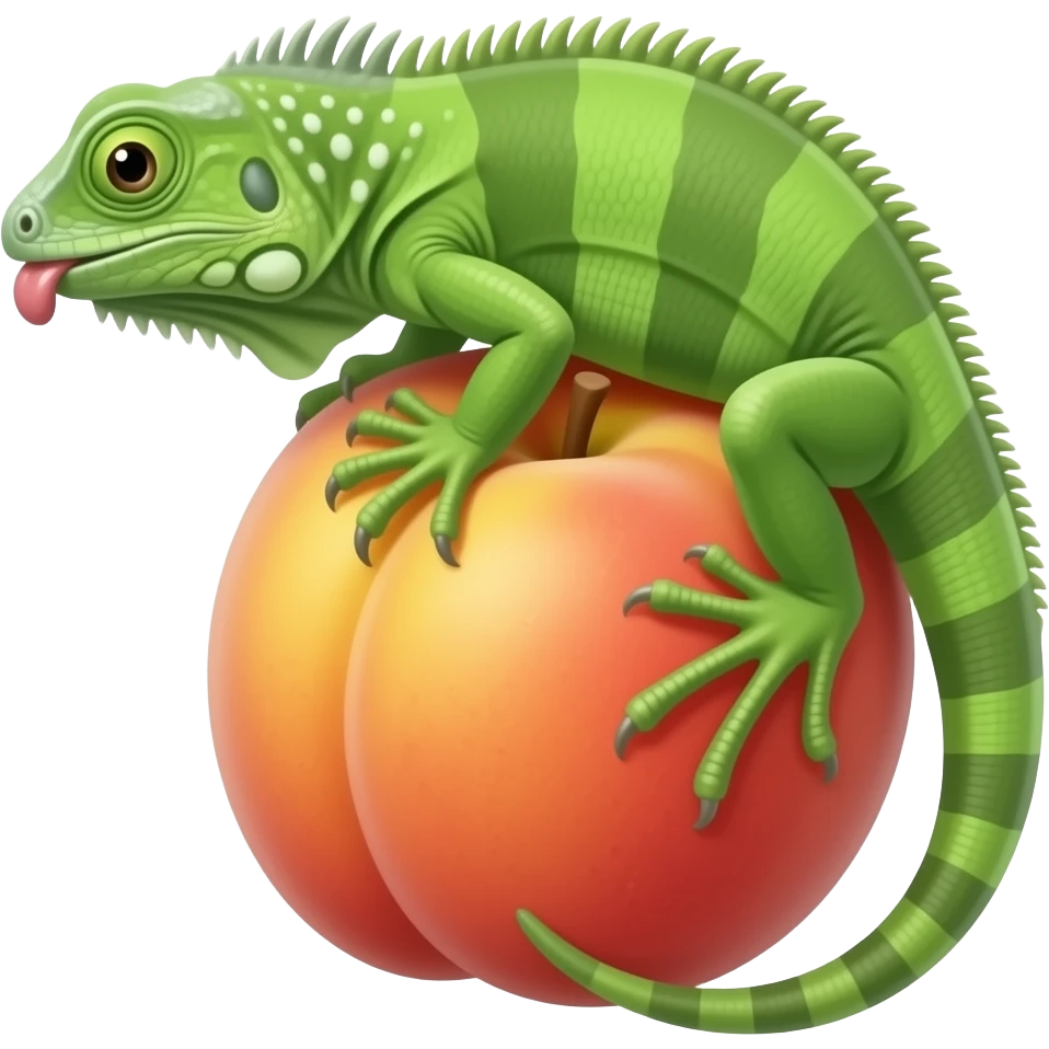 Una iguana lamiendo en la línea de la hendidura de un durazno emoji