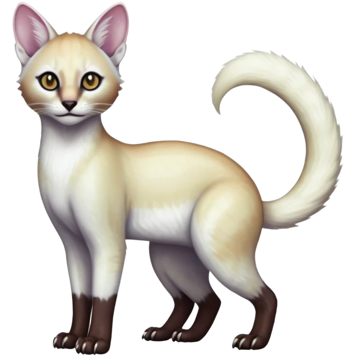 Colorful dark tropical pearly-albino-white iridescent glorious divine exotic cute cool beautiful shiny beautiful fantasy-caracal-civet-genet-sergal-vernid-Cacomistle-oncilla-animal-Fakémon-hybrid-fursona (full body) emoji