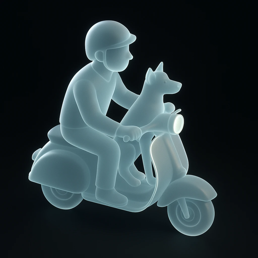 man and his pet dog riding a vespa emoji