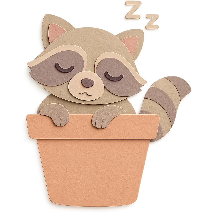 Sleepy raccoon inside a flower pot, pastel earthy colors, soft pastel colors, high-quality design, paper-craft style emoji