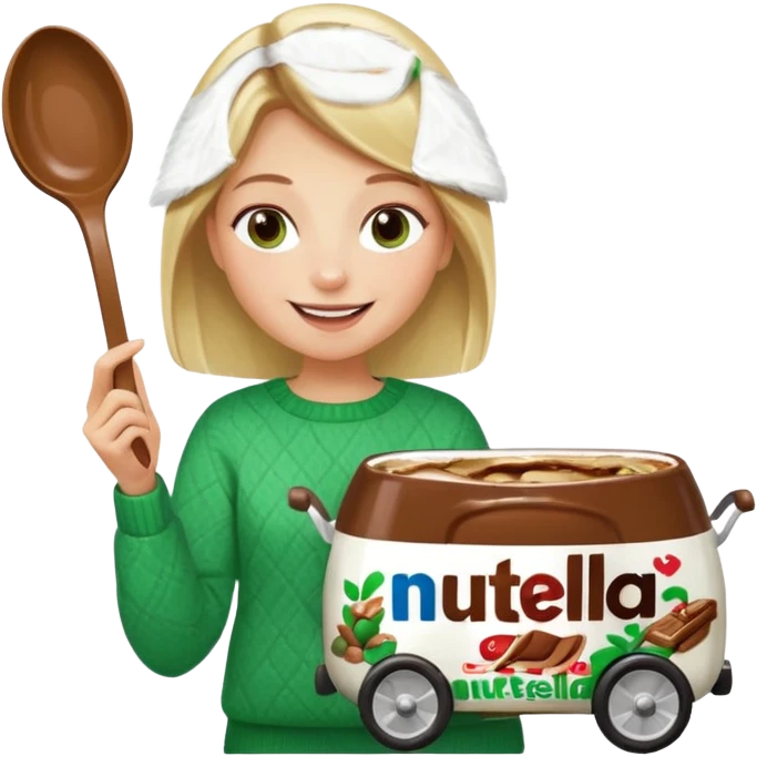 Blond woman with white and green pullover holds in one hand a big carriage of Nutella and in the other hand a oversized spoon which is in the carriage of Nutella emoji