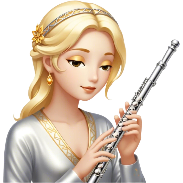 Cinematic Realistic Flute, polished silver metal with precise keywork, warm golden reflections dancing along its surface, soft hands carefully positioned over the keys, glowing with an elegant and airy charm. emoji