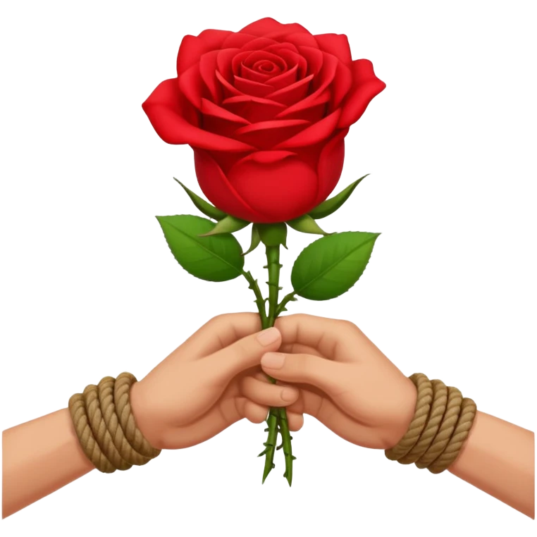 Brown hands tied together with a rope holding a rose emoji