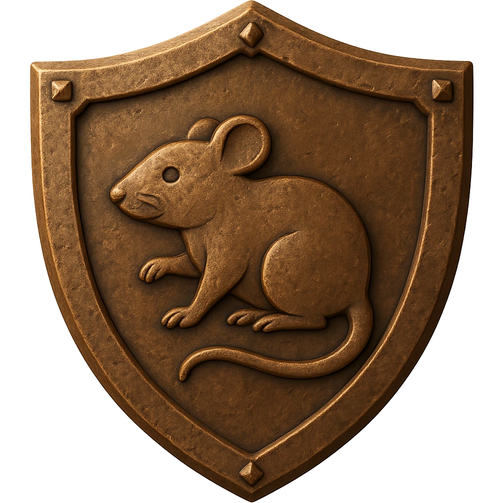 Transform the diamond shield into a bronze shield with a slightly worn texture. Change the bird engraving in the center to a rat engraving. The style should resemble emoji style with a transparent background. emoji