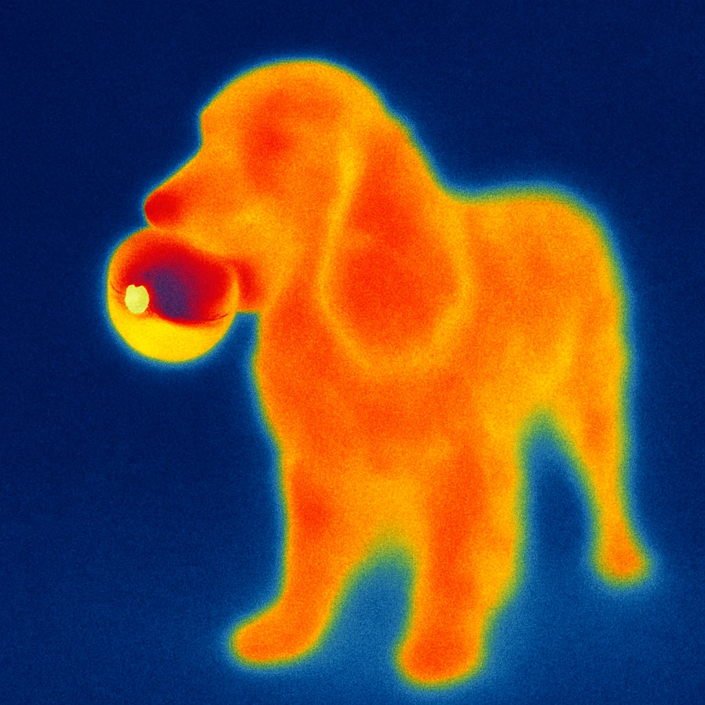 Russian Cocker Spaniel with a Poké Ball in its mouth with a background emoji