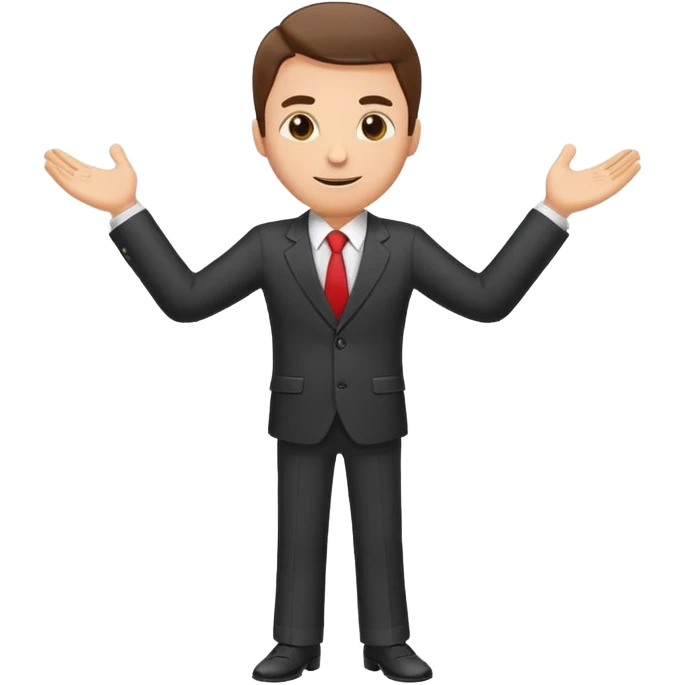 Sticker of a man in a business suit, front view, arms extended forward, friendly expression, clean cartoon style, bold outlines, minimal background, emoji sticker style emoji