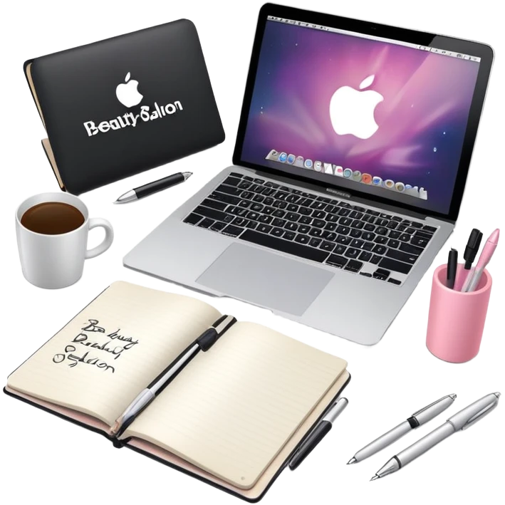top view of a MacBook and a notebook with a pen nearby, notebook with visible notes, MacBook screen showing a beauty salon logo emoji