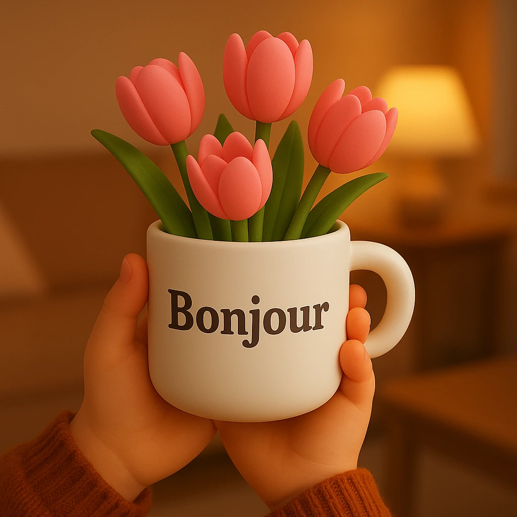 A pair of hands holding a white mug filled with pink tulips, with the word "Bonjour" written on the mug, in a 3D iOS style, with a warm, cozy setting, with a background. emoji