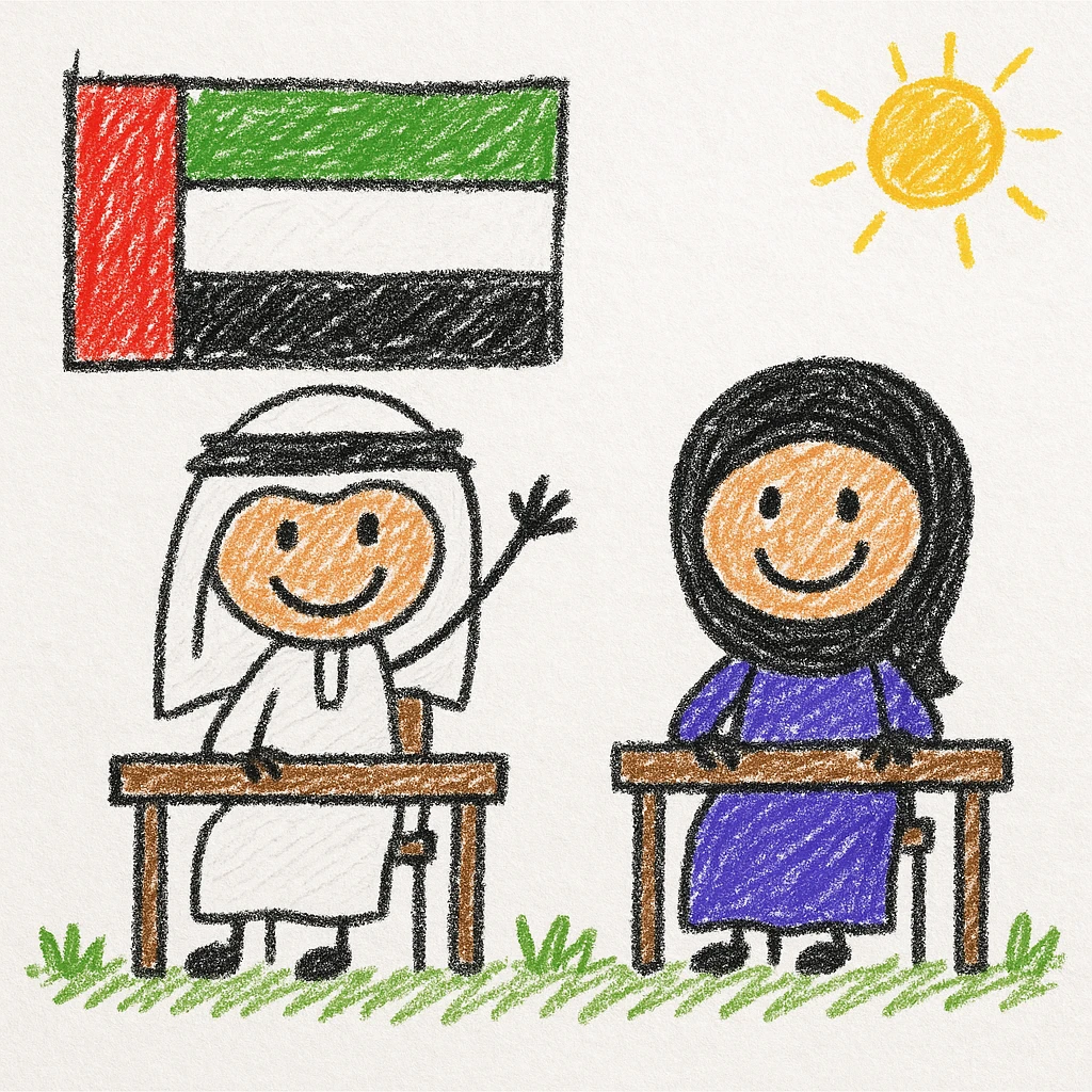 smiling Emirati boy and girl sitting at desks, one raising their hand, UAE flag draped on the wall, bright and engaging style for children emoji