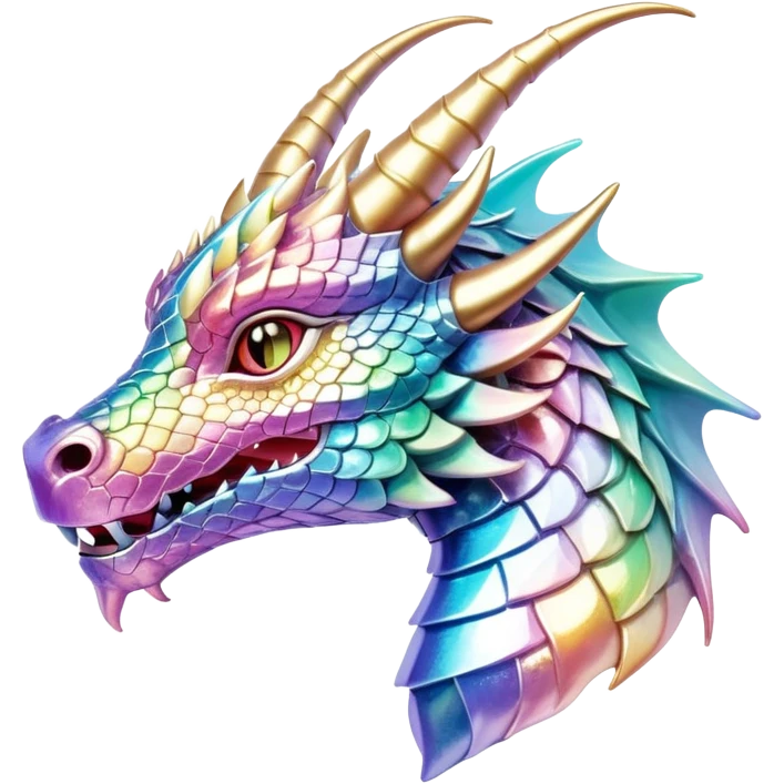 Sparkly glossy Pastel iridescent glass dragon head profile, 2 horns emoji