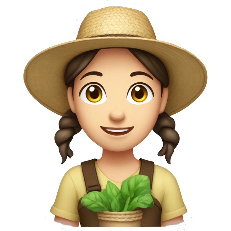 farmer girl, blue eyes, dark brown hair, with a straw hat, ponytail, holding greens emoji