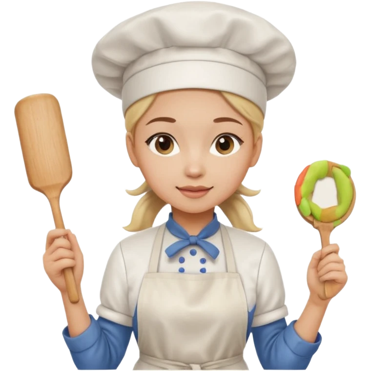 Young female pastry chef - single ponytail, apron, wearing a white hat, holding a rolling pin emoji
