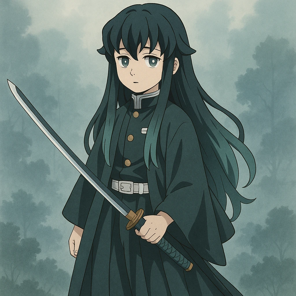 Muichiro Tokito from Demon Slayer, anime style, full body, holding a sword, misty background emoji
