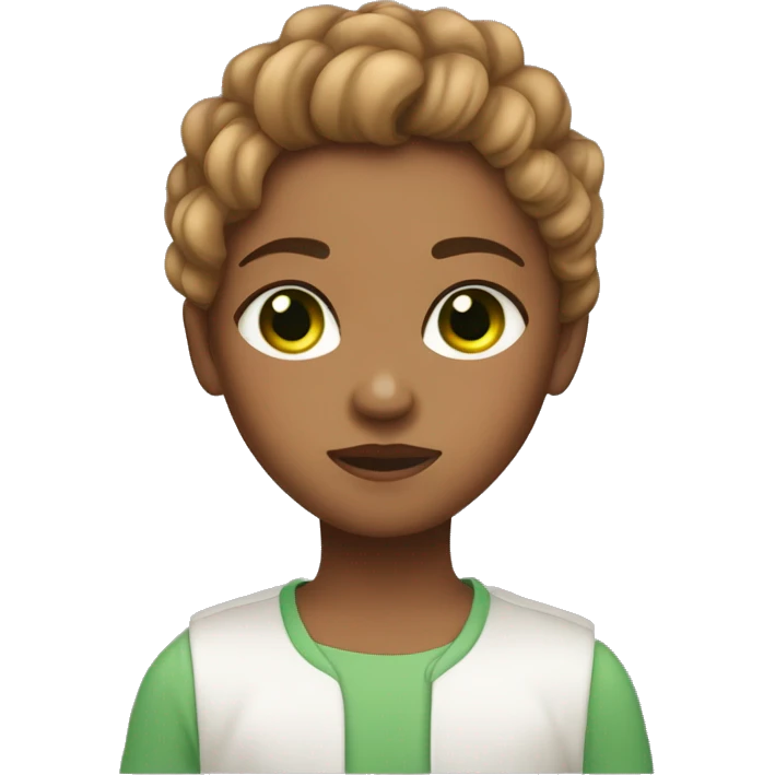 A girl with broken hair and eyes, in love with a light skin, light brown hair, green and Bron eyes, litle bold boy emoji