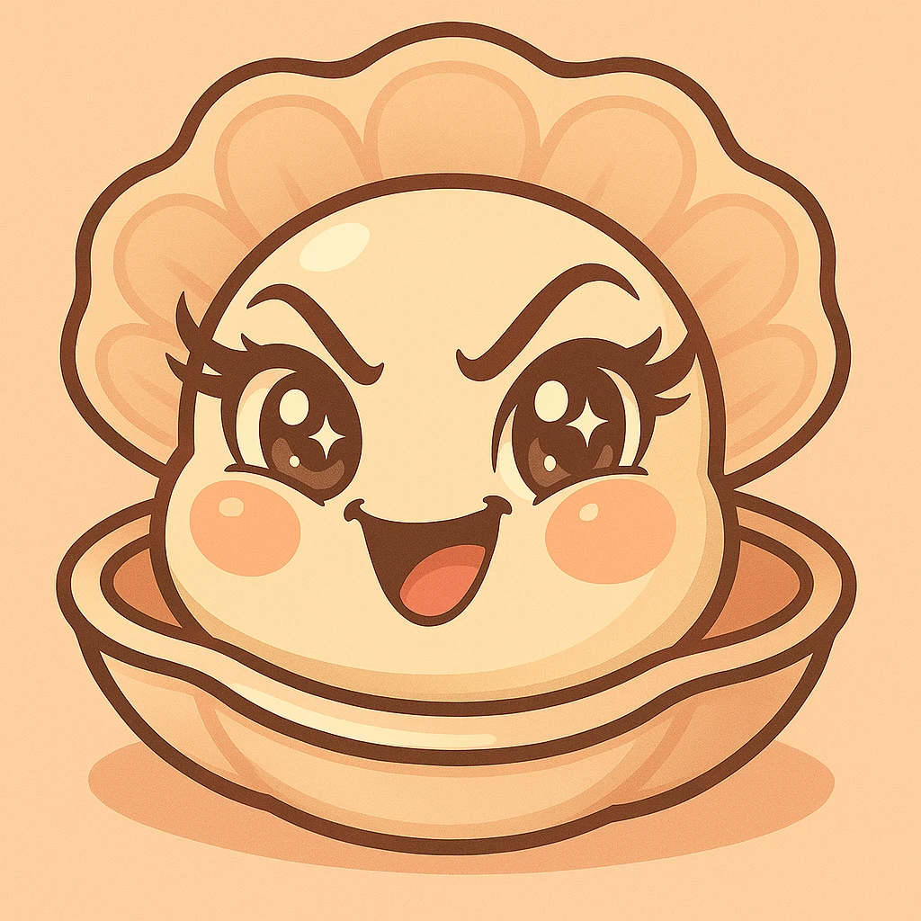 Enhance the contrasts of the image further while preserving the very mischievous expression, very expressive and luminous eyes, elegant eyelashes, and the pastel toon style. Accentuate the pastel, pearly, cream, peach, and greige nuances strongly. Keep the big shell, the small oyster, and the background as is. emoji